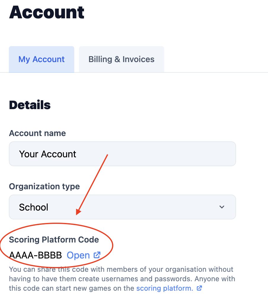 Quick code in account settings