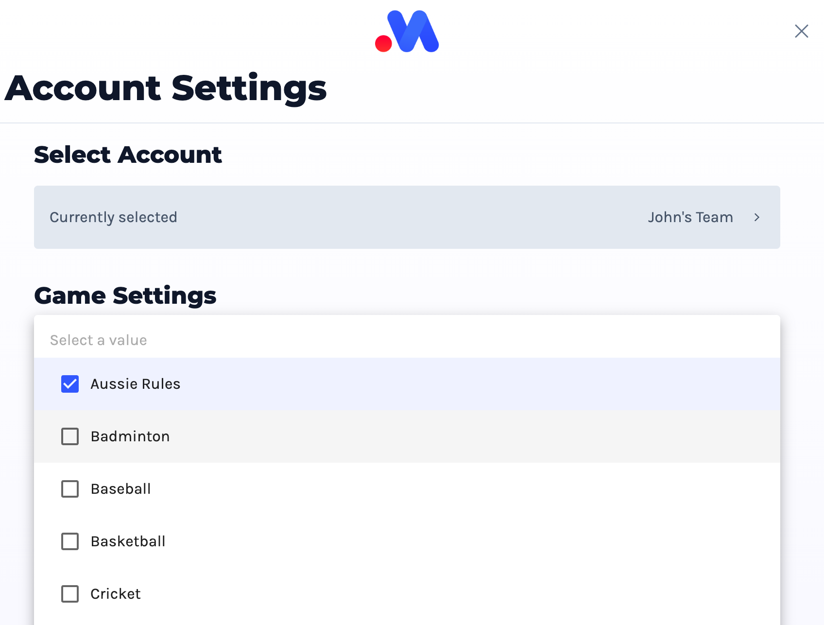 Account screen default sport